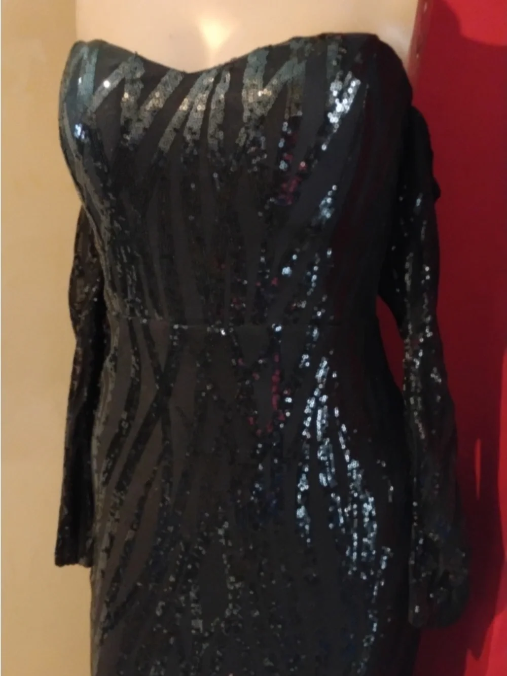 Black Off-Shoulder Sequin Gown with Gold Flame Hem - Picture 6 of 9